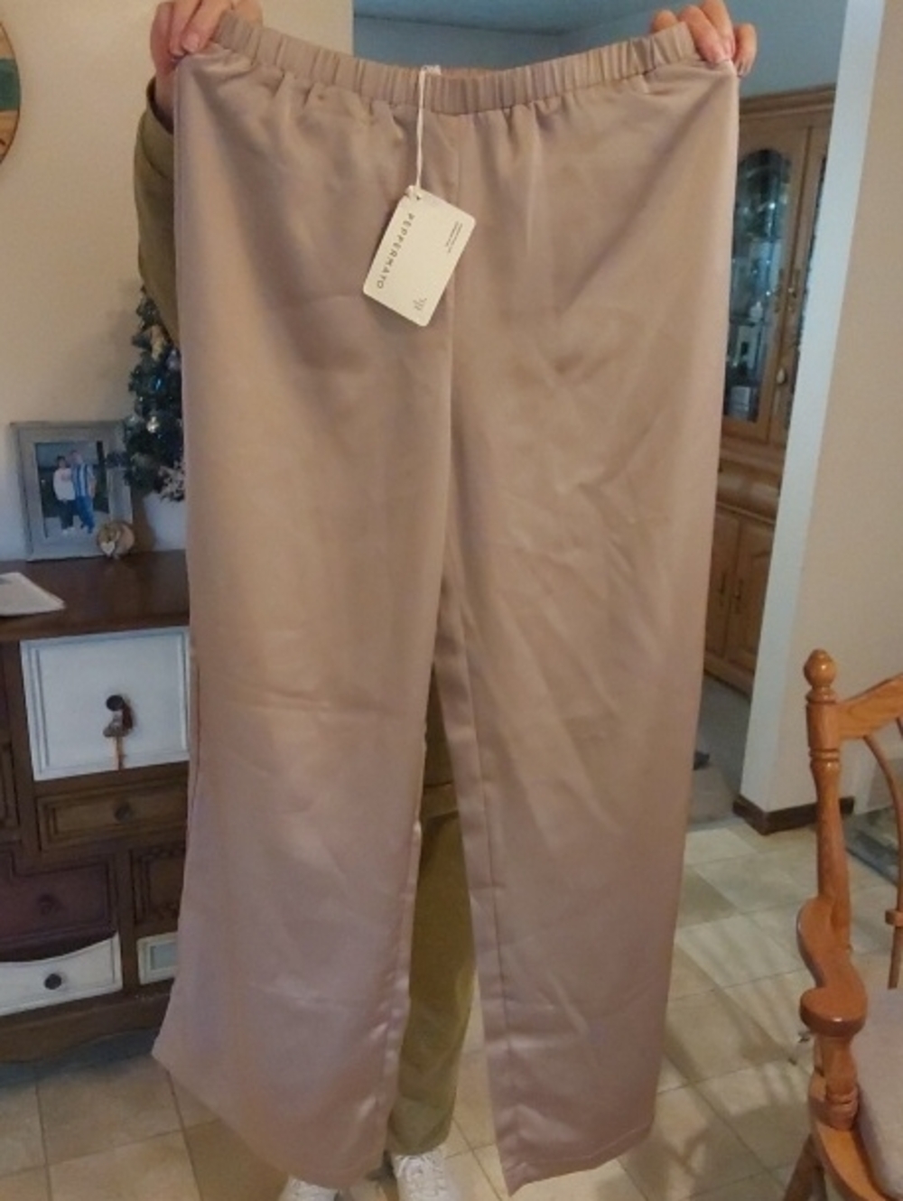 Peppermayo Wide-Leg Satin Pants in Taupe